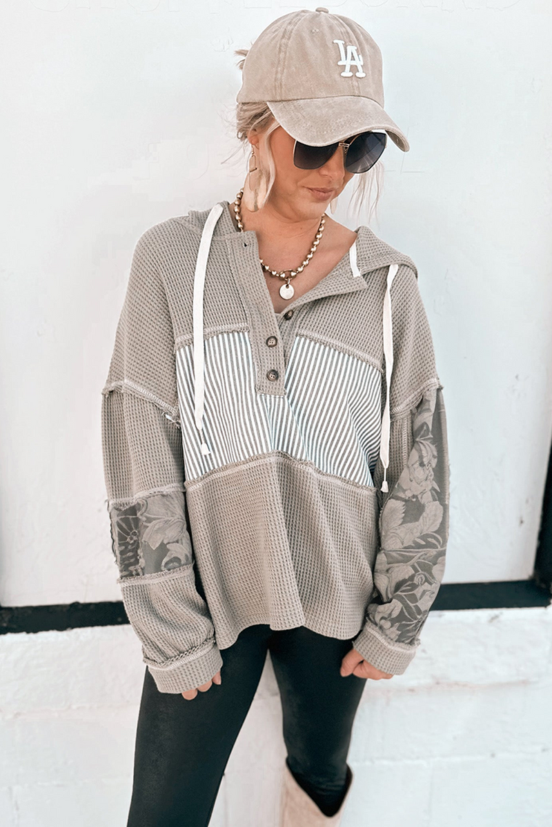 Gray Waffle Patchwork Drawstring Hooded Long Sleeve Top