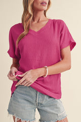 Black Plain Crinkled V Neck Short Sleeve Blouse