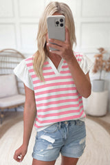 Black Stripe Collar V Neck Ruffled Short Sleeve Blouse