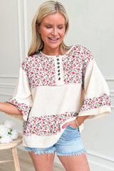 Sky Blue Floral Print Crinkle Patchwork Henley Blouse