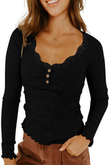 Beige Lace Neckline Button Decor Lettuce Edge Long Sleeve Ribbed Top