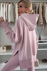 Purple Stripe Thumbhole Side Slits Drop Shoulder Loose Fit Hoodie