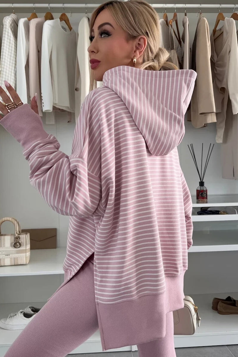 Purple Stripe Thumbhole Side Slits Drop Shoulder Loose Fit Hoodie