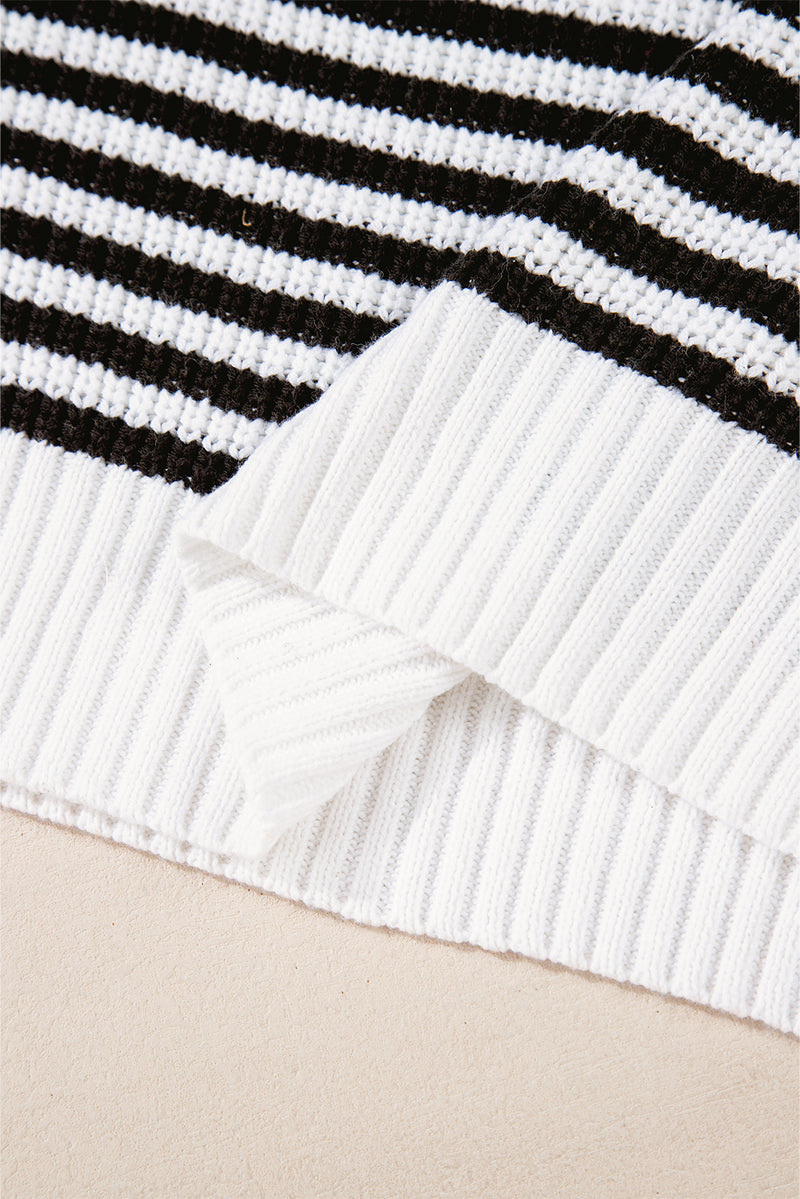 Sky Blue Stripe Zip up Collar Drop Shoulder Sweater