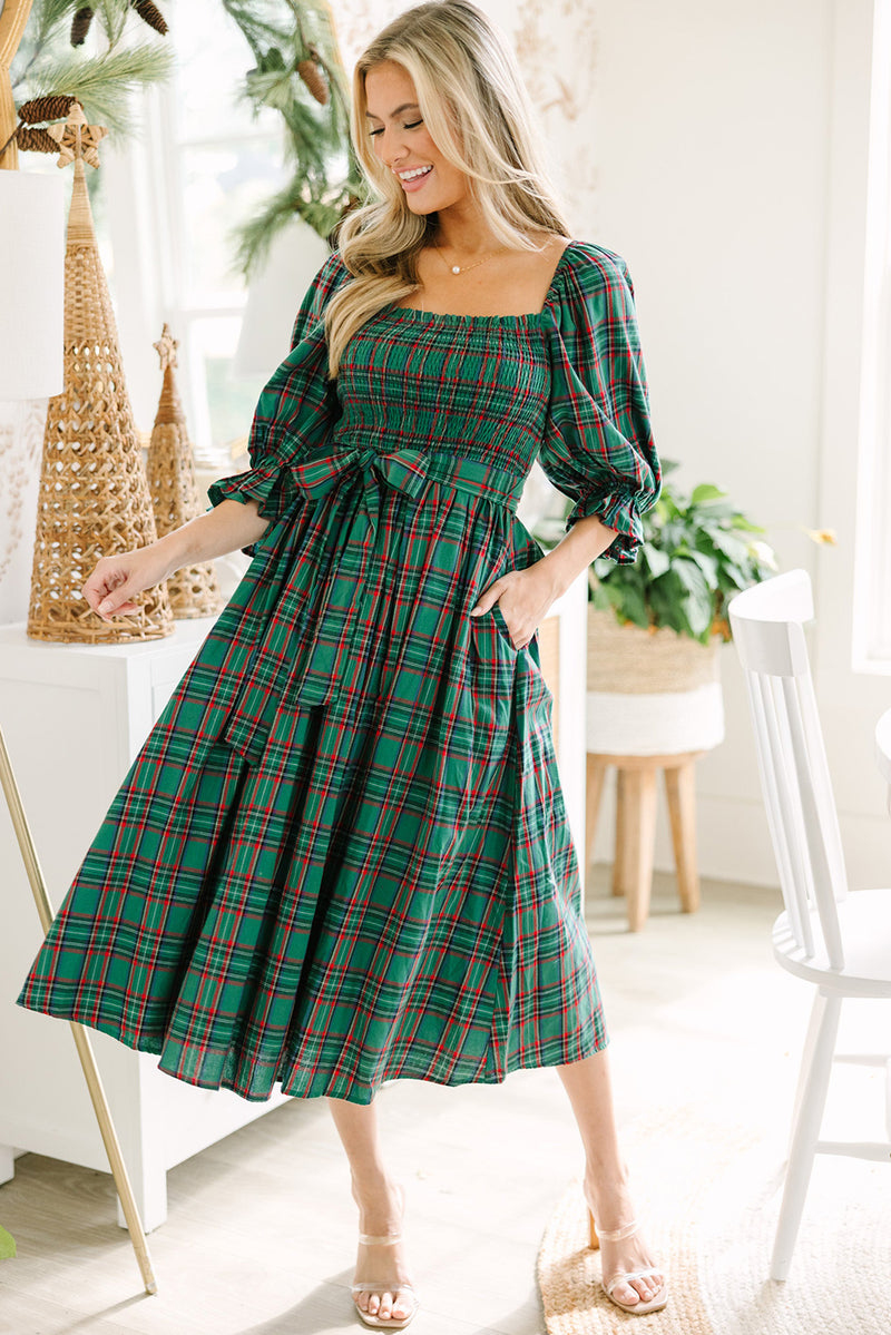 Green Plaid Square Neck Puff Sleeve Bowknot Waist Flared Midi Dress Raining Rustic Boutique Green Plaid Square Neck Puff Sleeve Bowknot Waist Flared Midi Dress Raining Rustic Boutique