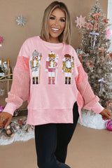 Light Pink Sequin Nutcracker Textured Sleeve Patchwork Sweatshirt