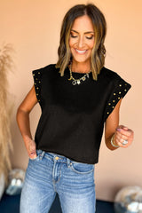 Black Casual Rivet Round Neck T Shirt