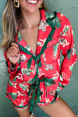Red Christmas Print Contrast Frill Trim Ribbon Bow Pajama Set