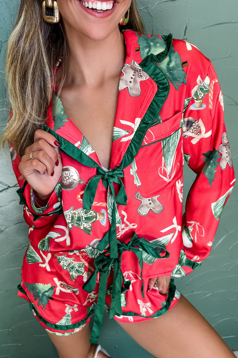 Red Christmas Print Contrast Frill Trim Ribbon Bow Pajama Set