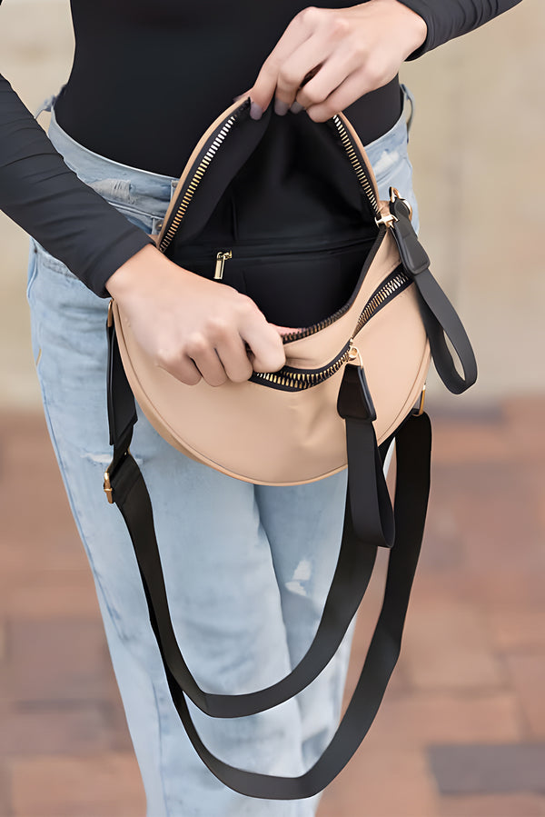 Parchment Wide Strap Zipper Crossbady Bag