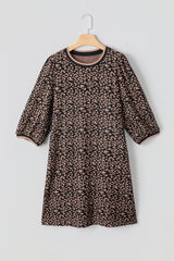 Black Leopard Print Bubble Sleeve Shift Mini Dress