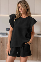 Black Textured Ruffle Sleeve Tee and Drawstring Shorts Set