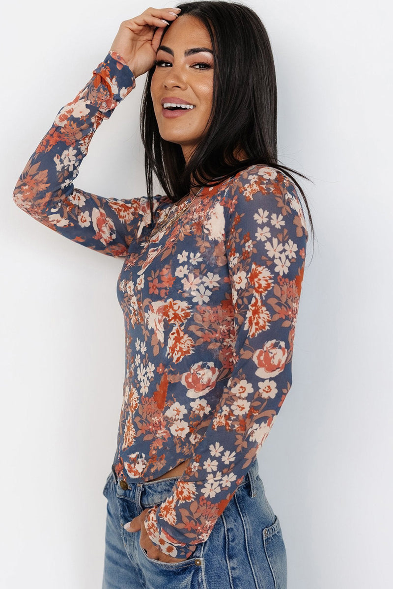Green Floral Print Mesh Long Sleeve Top