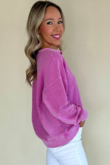 Bright Pink Notched Neck Exposed Seam Drop Shoulder Sweatshirt