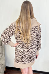 Khaki Leopard Print Zip up Collar Patchwork Shift Mini Dress