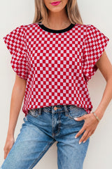 Red Checkered Print Ruffle Short Sleeve Contrast Trim Round Neck Top