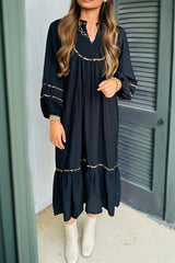 Black Contrast Leopard Trim Split Neck Long Sleeve Casual Midi Dress