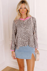 Khaki Leopard Print Contrast V Neck Varsity Stripe Detail Long Sleeve Top