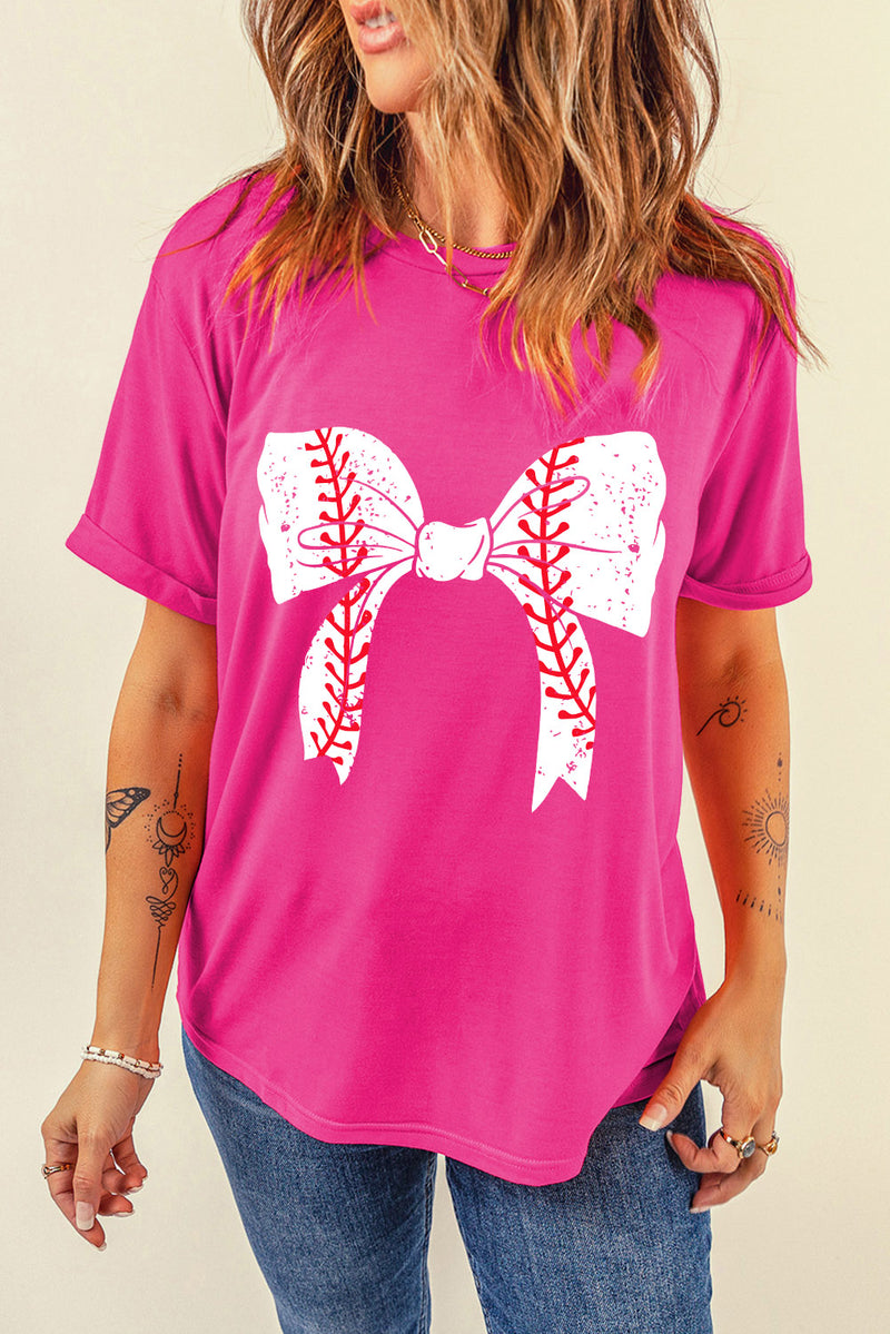 Rose Red Casual Baseball Bowknot Graphic Tee