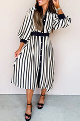 Black Stripe 3/4 Puff Sleeve Shirt Style Button Down Midi Dress