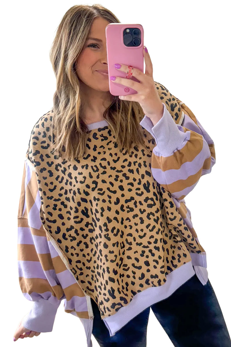 Purple Striped Leopard Colorblock Side Slits Sweatshirt