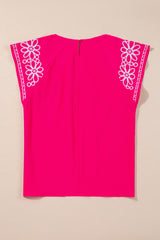 Strawberry Pink Floral Embroidered Flutter Sleeve Pleated Round Neck Plus Size Blouse
