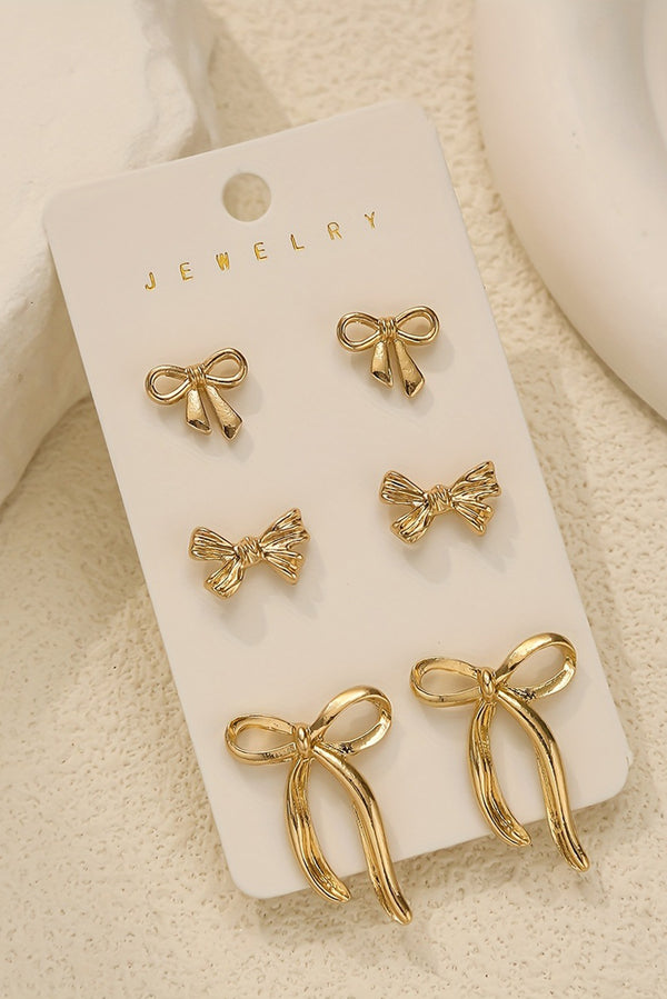 Gold 3 Pairs Bow Shape Stud Earrings Set