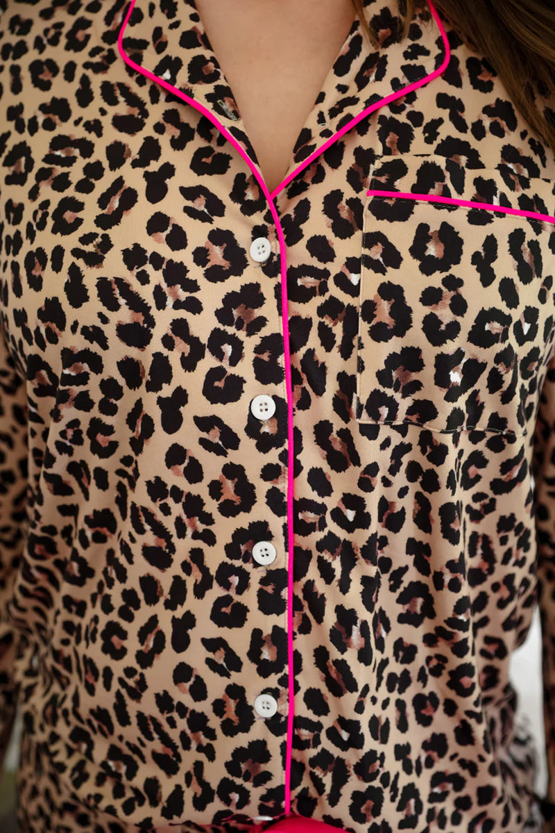 Light French Beige Leopard Ruffle Long Sleeve Pajama Set
