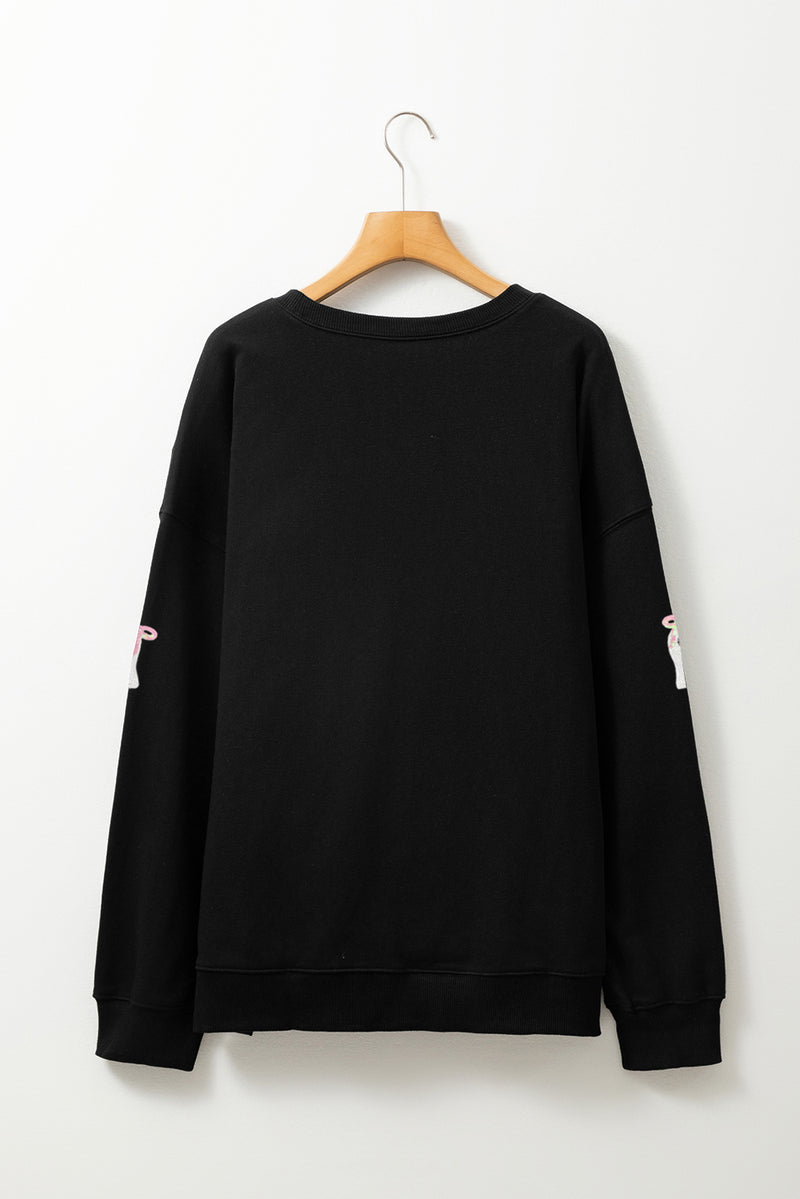 Black Sequin Cute Bow Ghost Graphic Crew Neck Halloween Sweatshirt