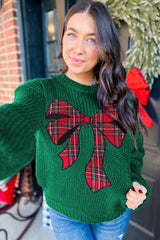 Evergreen Plaid Bow Graphic Christmas Sweater