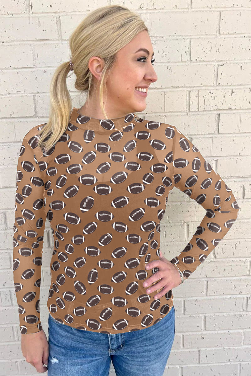 Red Game Day Football Mesh Sheer Long Sleeve Top