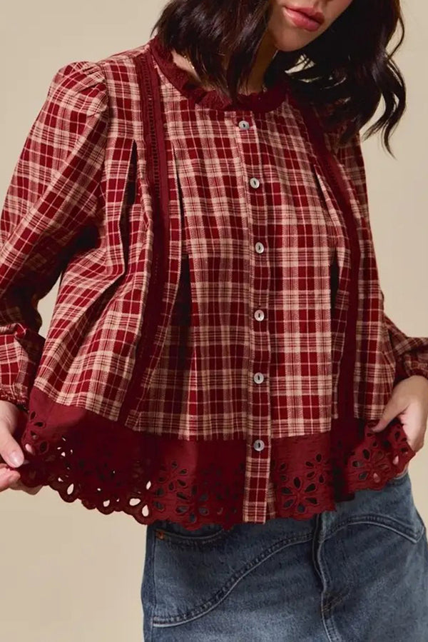 Red Dahlia Plaid Lace Hem Button Down Shirt