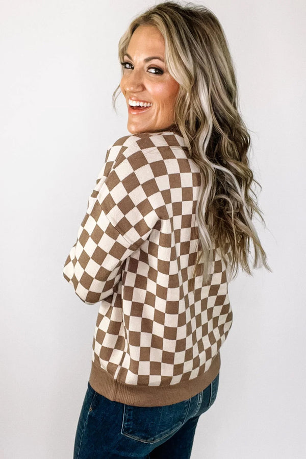 Brown Checkered Contrast Edge Plus Size Sweater