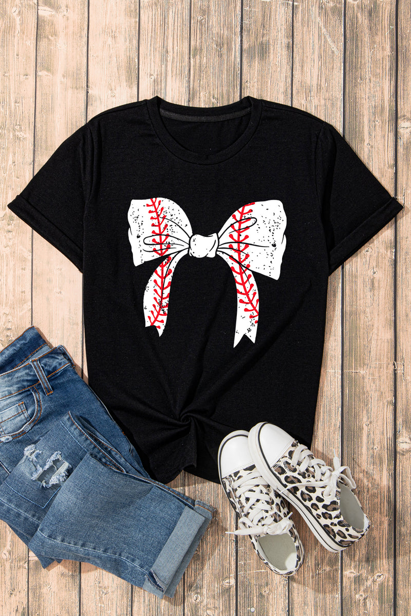 Rose Red Casual Baseball Bowknot Graphic Tee