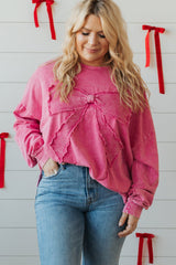 Bonbon Waffle Bowknot Patchwork Mineral Wash Plus Size Top