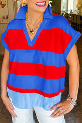 Red Stripe Colorblock Patchwork Short Sleeve Collar Top