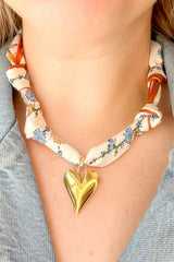 White Boho FLoral Print Heart Pendant Scarf Necklace