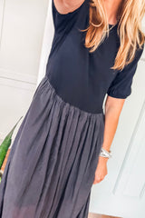 Black Short Sleeve Knit Top Patchwork Pleated Long Dress