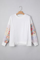 White Floral Dotted Print Patchwork Sleeve High Low Sweatshirt