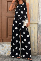 Black Polka Dot Print Pleated Round Neck Tank Casual Wide Leg Two-Piece Outfit