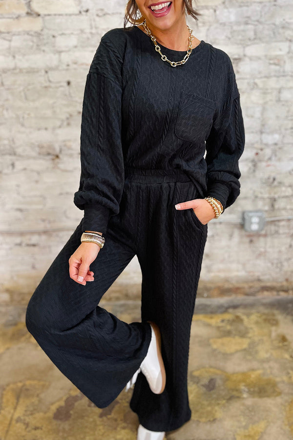 Black Textured Chest Pocket Drop Sleeve Top and Pants Set