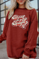 Racing Red Merry & Bright Sequins Patch Ribbed Graphic Sweatshirt