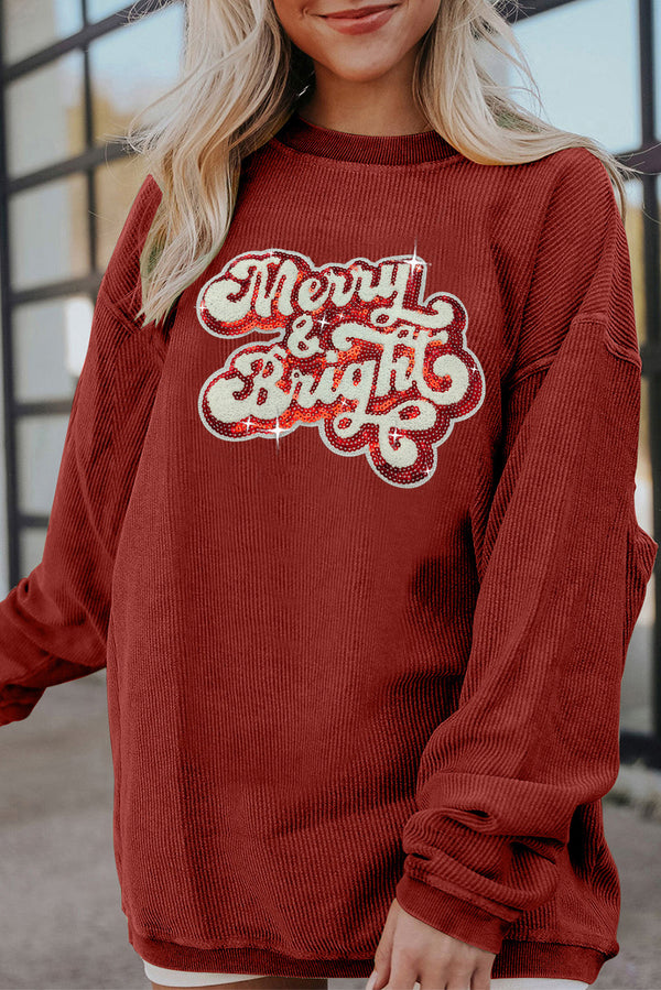 Racing Red Merry & Bright Sequins Patch Ribbed Graphic Sweatshirt