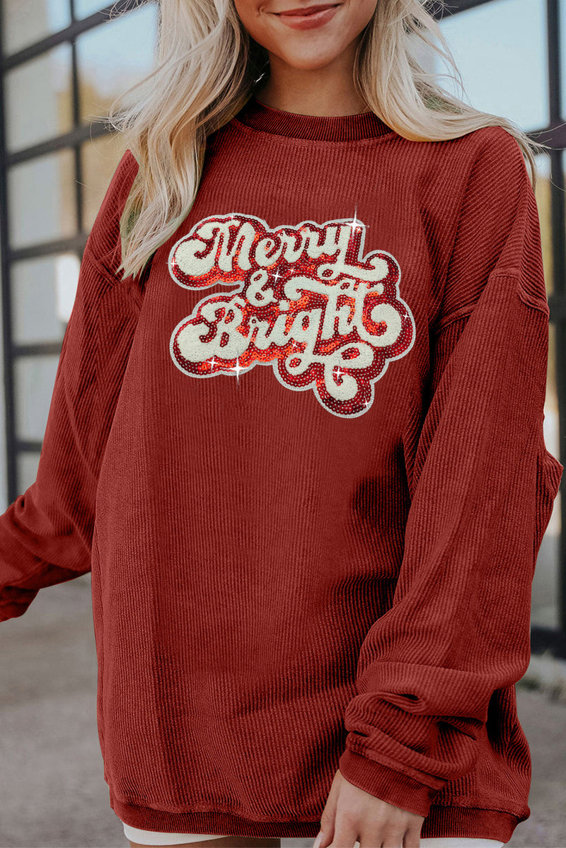 Racing Red Merry & Bright Sequins Patch Ribbed Graphic Sweatshirt