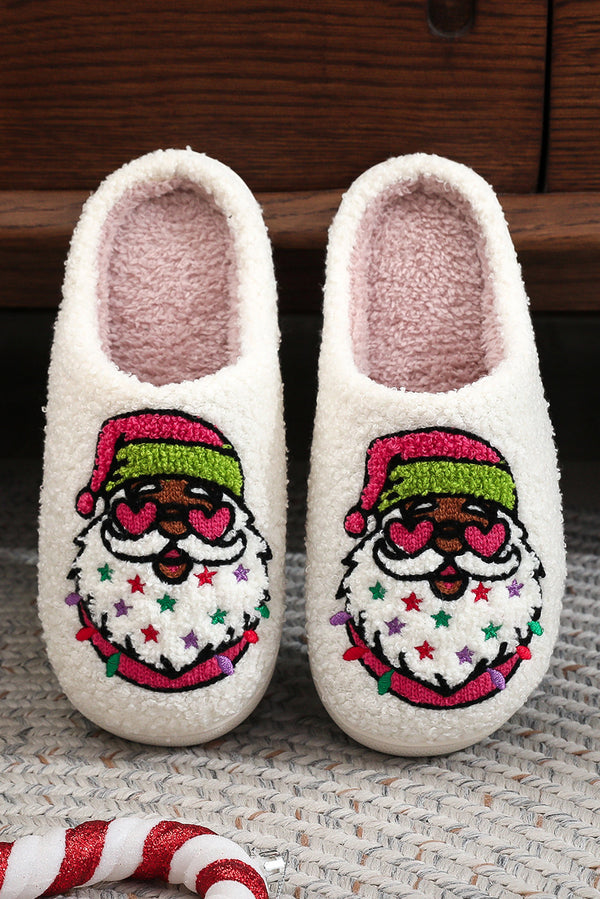 White Starry Santa Claus Pattern Christmas Plush Slippers