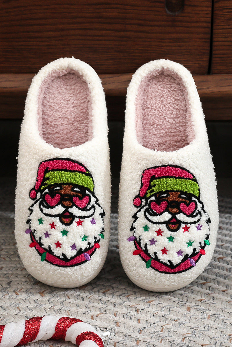 White Starry Santa Claus Pattern Christmas Plush Slippers