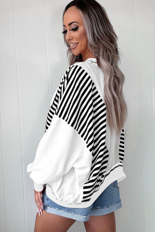 White Striped Colorblock Patchwork Oversized Sweatshirt