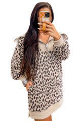 Khaki Leopard Print Zip up Collar Patchwork Shift Mini Dress