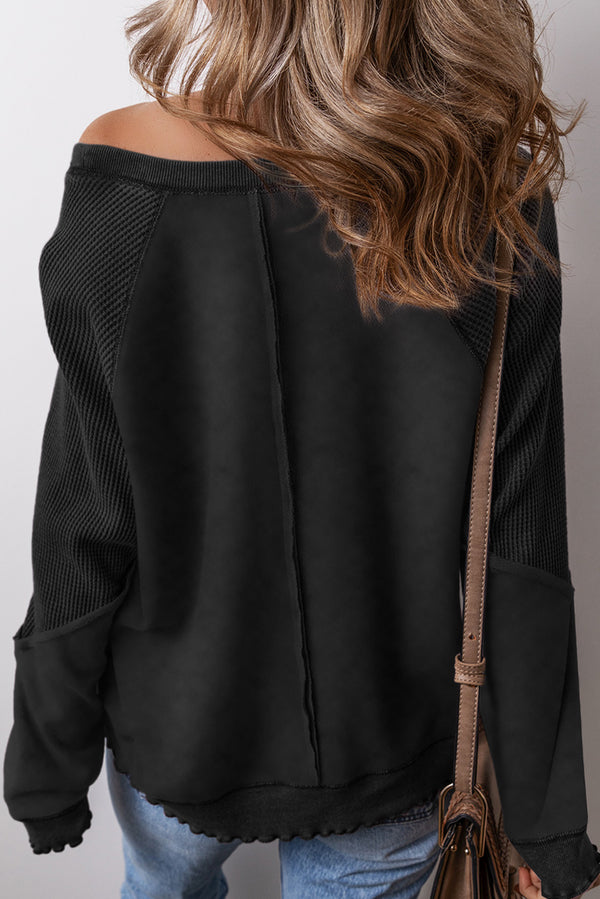 Black Solid Waffle Knit Patchwork Raglan Sleeve Sweatshirt