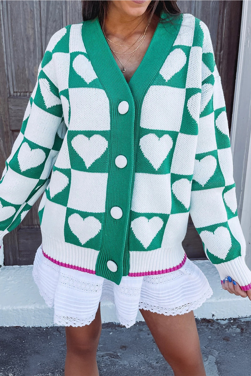 Sea Green Heart Checkered Pattern V Neck Knit Cardigan